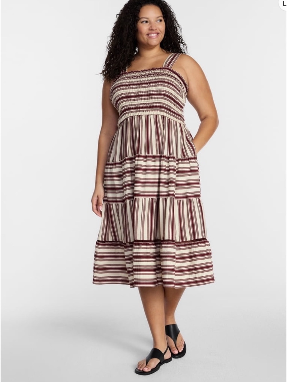 New Women’s 3X Sleeveless Midi Tiered Smocked Adjustable Straps Pockets Dress